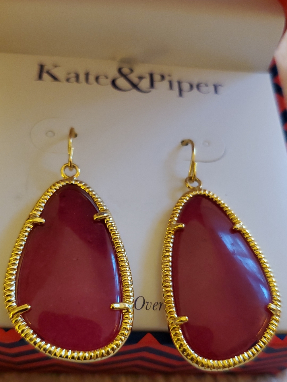 NWT Kate & Piper Red Teardrop Statement Earrings –14k Gold Over Brass